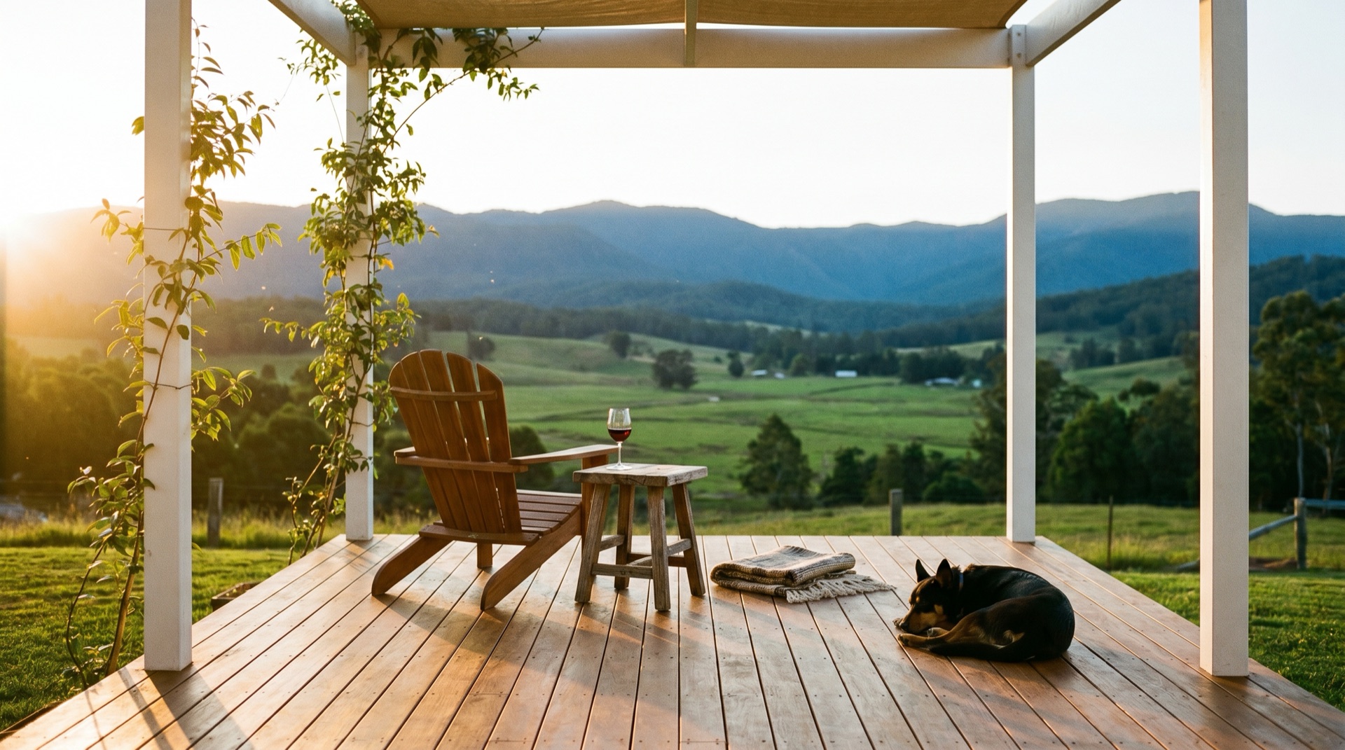 Freshly oiled spotted-gum timber deck with pergola in Pambula