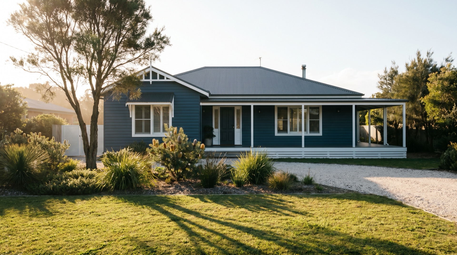 Exterior repaint of a navy weatherboard cottage in Merimbula